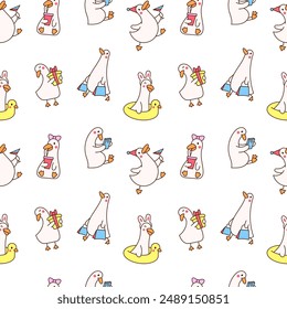Funny farm duck characters. Seamless pattern. Cute cartoon kawaii goose. Hand drawn style. Vector drawing. Design ornaments.