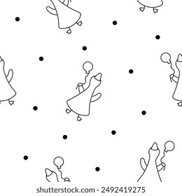 Funny farm duck characters. Seamless pattern. Coloring Page. Cute cartoon kawaii goose. Hand drawn style. Vector drawing. Design ornaments.