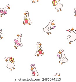Funny farm duck characters. Seamless pattern. Cute cartoon kawaii goose. Hand drawn style. Vector drawing. Design ornaments.