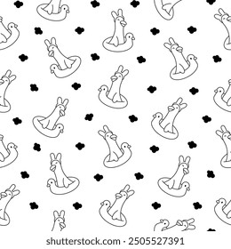Funny farm duck characters. Seamless pattern. Coloring Page. Cute cartoon kawaii goose. Hand drawn style. Vector drawing. Design ornaments.