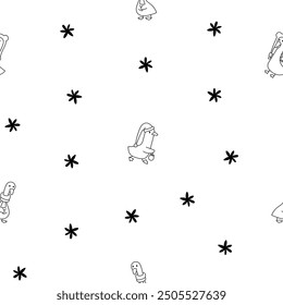 Funny farm duck characters. Seamless pattern. Coloring Page. Cute cartoon kawaii goose. Hand drawn style. Vector drawing. Design ornaments.