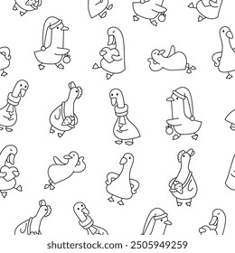Funny farm duck characters. Seamless pattern. Coloring Page. Cute cartoon kawaii goose. Hand drawn style. Vector drawing. Design ornaments.
