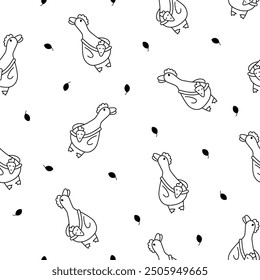 Funny farm duck characters. Seamless pattern. Coloring Page. Cute cartoon kawaii goose. Hand drawn style. Vector drawing. Design ornaments.