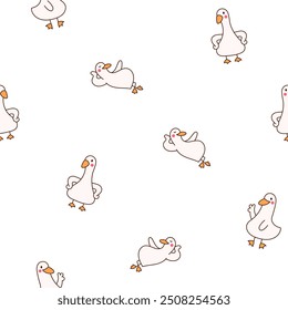 Funny farm duck characters. Seamless pattern. Cute cartoon kawaii goose. Hand drawn style. Vector drawing. Design ornaments.