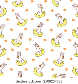 Funny farm duck characters. Seamless pattern. Cute cartoon kawaii goose. Hand drawn style. Vector drawing. Design ornaments.