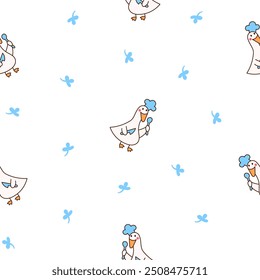 Funny farm duck characters. Seamless pattern. Cute cartoon kawaii goose. Hand drawn style. Vector drawing. Design ornaments.