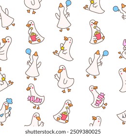 Funny farm duck characters. Seamless pattern. Cute cartoon kawaii goose. Hand drawn style. Vector drawing. Design ornaments.