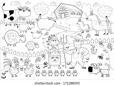 Funny Farm Family In Black And White. Cartoon  Vector Illustration. 