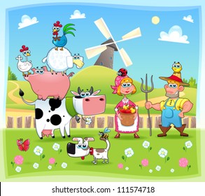 Funny farm family. Cartoon and vector illustration. Eps file contains isolated objects and characters.