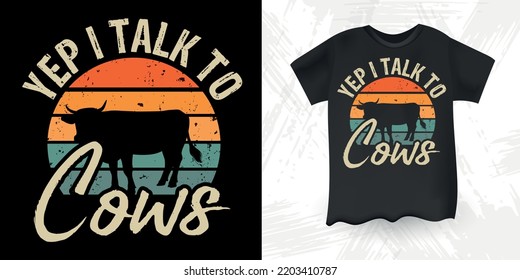 Funny Farm Farmer Cow Lover Retro Sunset Vintage Cow T-shirt Design