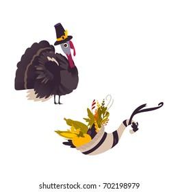 Funny farm hen turkey and cornucopia, horn of abundance, Thanksgiving symbols, cartoon vector illustration isolated on white background. Cartoon turkey and cornucopia, Thanksgiving Day symbol