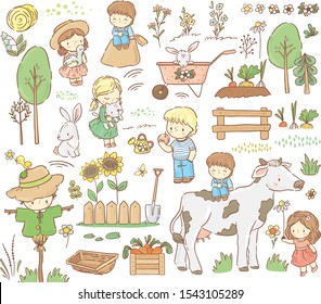 Funny farm illustration and icon/ animals, birds, child, flowers