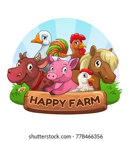 Funny farm label. Vector illustration with cute cartoon animals.