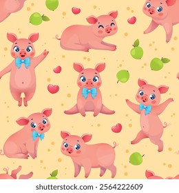 Funny farm piglets seamless pattern. Pink little porks having fun, playing, repeated cute animals, cartoon kids mascots. Decor textile, wrapping, wallpaper. Print for fabric, vector background