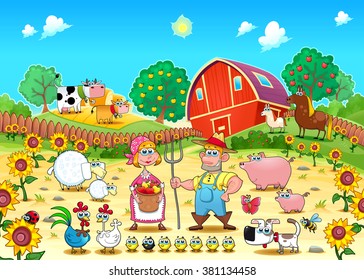 Funny farm scene with animals and farmers . Cartoon and vector illustration 