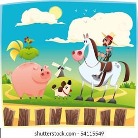 Funny farmer with animals. Cartoon and vector illustration. Objects isolated.