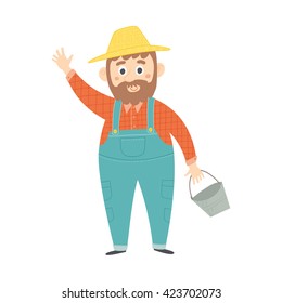 Funny farmer character smiling. Farmer man with beard wawing. Cartoon vector hand drawn eps 10 clip art illustration isolated on green background.