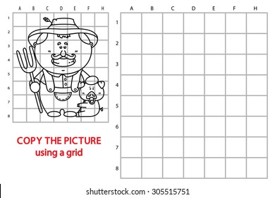 funny farmer game. Vector illustration of grid copy puzzle with happy cartoon farmer for children
