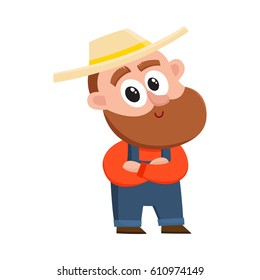 Funny farmer, gardener character in straw hat and overalls standing with arms crossed on breast, cartoon vector illustration isolated on white background. Comic farmer character, design elements