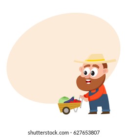 Funny farmer, gardener character in straw hat and overalls pushing barrow, handcart with vegetables, cartoon vector illustration with space for text. Comic farmer character, design elements