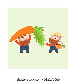 Funny farmer, gardener characters in overalls harvesting vegetables, holding giant carrot, woven basket, cartoon vector illustration isolated on white background. Comic farmer characters, harvest