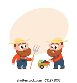 Funny farmer, gardener characters in overalls harvesting vegetables, pushing handcart, holding hayfork, cartoon vector illustration with space for text. Comic farmer characters, harvest time