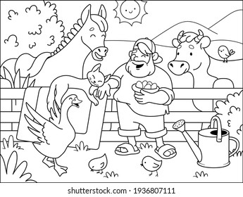 Der lustige Bauer und seine Tiere. Ein Landmann mit Kuh, Pferd, Gans, Hühnern und Katze.  Farbbuch für Kinder. Cartoon, Vektorgrafik.