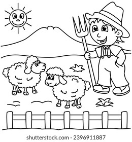 Funny farmer and sheep cartoon for coloring book.