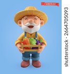 Funny farmer with vegetables 3d cartoon vector icon