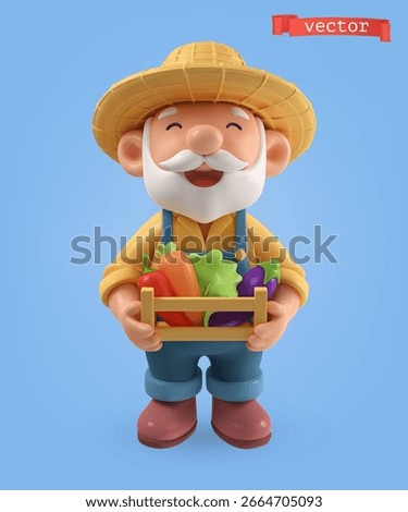 Funny farmer with vegetables 3d cartoon vector icon