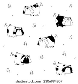 Funny farting bulldogs black and white pattern. Vector illustration.