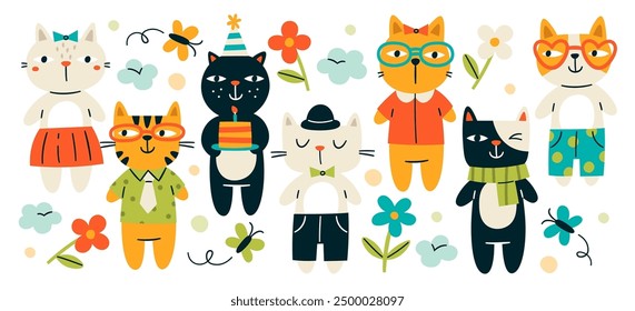 Funny fashion cats hand drawn characters wearing different trendy clothes outfit and eyeglasses. Portraits of cute positive kitten mascot dressed in male and female garment vector illustration