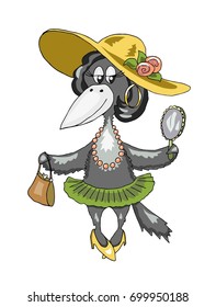 Funny fashion dressed woman bird. Crow in hat, shoes, with bag and mirror. Vector cartoon illustration, isolated on white.