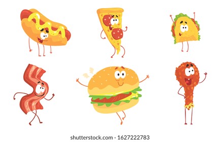Funny Fast Food Cartoon Characters Collection, Hot Dog, Pizza, Tako, Ham Slice, Burger, Chicken Drumstick, Cafe or Restaurant Menu Design Element Vector Illustration