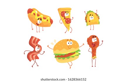 Funny Fast Food Cartoon Characters Collection, Hot Dog, Pizza, Tako, Ham Slice, Burger, Fried Chicken Drumstick, Cafe or Restaurant Menu Design Element Vector Illustration