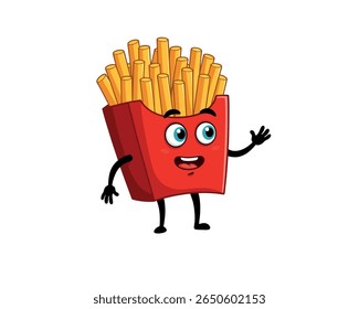 Funny fast food character – animated red box of crispy fries with big green eyes and happy expression.