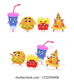 Funny fast food character. Happy hamburger with salad french fries slice pepperoni pizza glass of soda running colorful cheerful fast food, comic quick lunch design. Cartoon vector graphics.