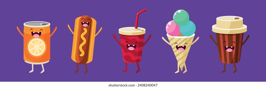 Funny Fast Food Character with Happy Smiling Faces Vector Set
