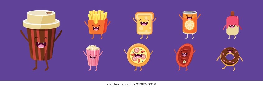 Funny Fast Food Character with Happy Smiling Faces Vector Set