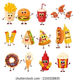 Funny fast food characters. Joyful snack, sandwich and drink. Isolated burger, dessert and ice cream. Pizza slice and potatoes sticks, garish vector clipart