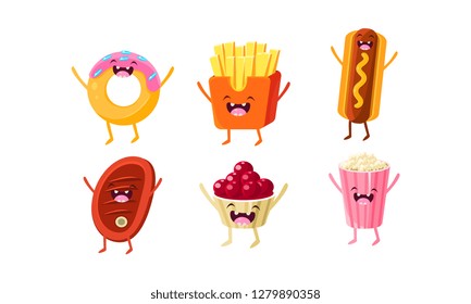 Funny fast food characters set, donut, french fries, hot dog, meat steak, ice cream, popcorn vector Illustration