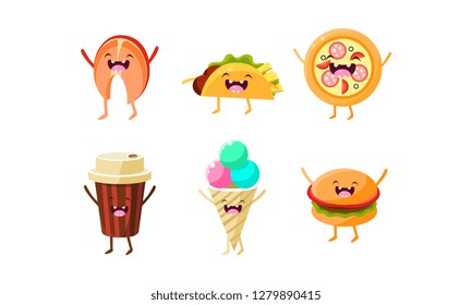 Funny fast food characters set, taco, pizza, coffee cup, ice cream, burger vector Illustration