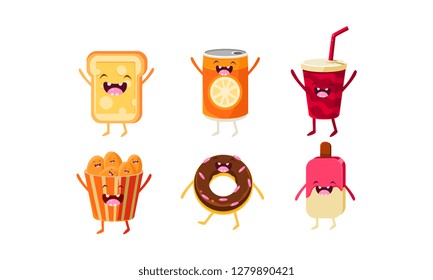 Funny fast food characters set, cheese sandwich, soda drink, nuggets, glazed donut, popsicle vector Illustration