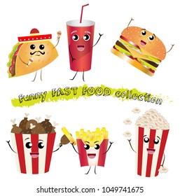 Funny fast food collection. Smiling, frendly, cute food. Burger, soda, tacos, popcorn, french fries and fried chicken. Cartoon style. 