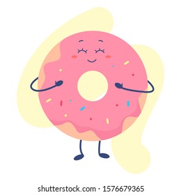 Funny fast food with cute face. Pink doughnut with happy smiling face. Snack as a cartoon characters. Isolated vector flat illustration