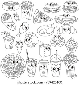 Funny Fast Food elements set, collection of coloring book template, the group of outline digital elements vector illustration, kid educational game page.