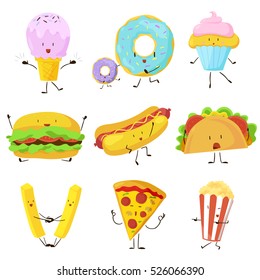 Funny fast food icons set. Vector illustration for restaurant menu design. Burger, hot dog, sandwich, french fries potato, pizza, popcorn, donut, ice cream, cupcake cartoon comic character