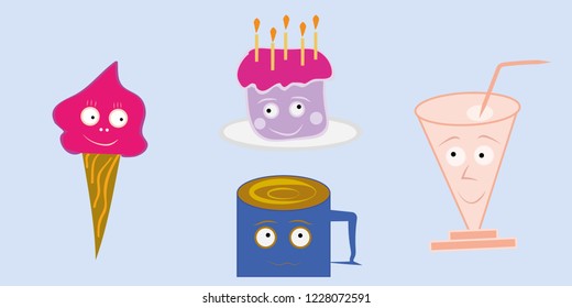 Funny fast food objects vector design set.