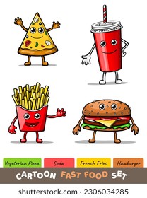 Funny fast food set isolated on white background. Cartoon characters. Vector Illustration