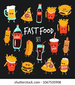 Funny fast food set. Vector illustration. Use for card, poster, banner, web design and print on t-shirt. Easy to edit. Vector illustration.